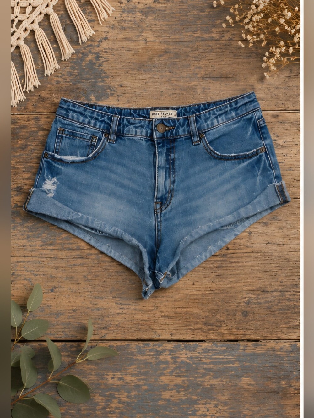 Free People ~ High Rise Distressed Denim Cutoff Cheeky Shorts, Size 29